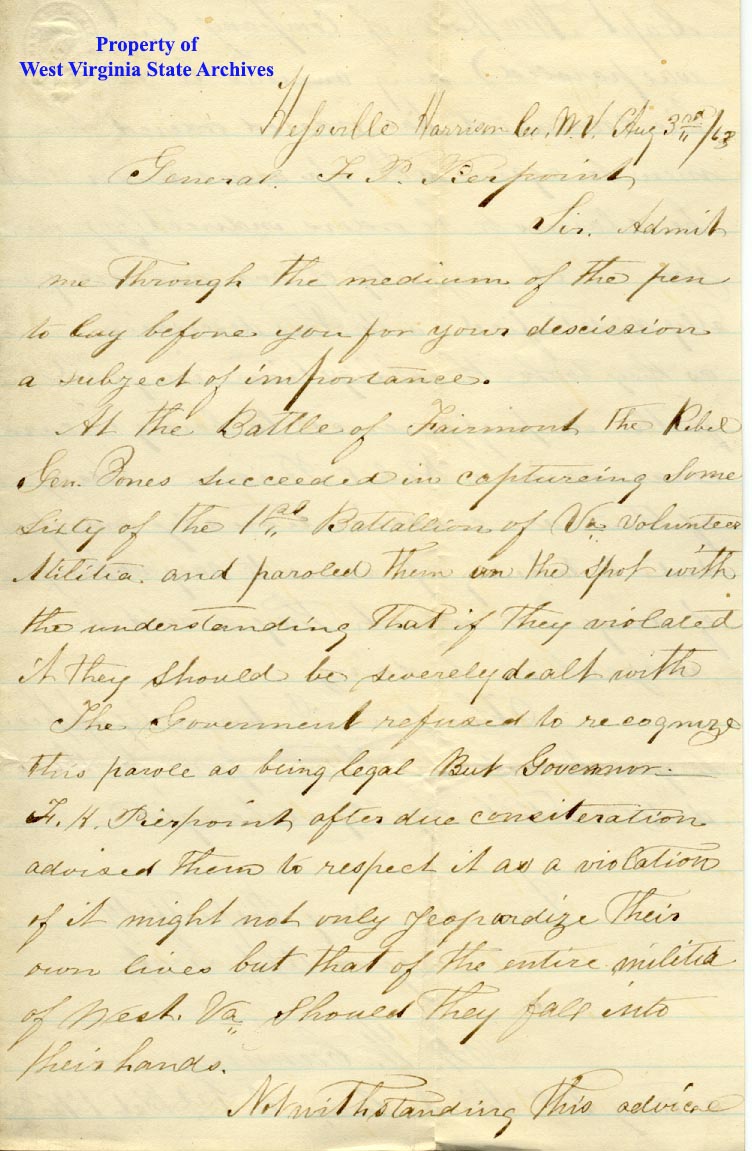 Letter, F. W. Cunningham to Francis P. Pierpont, regarding parole
status of Union militia captured at the Battle of Fairmont