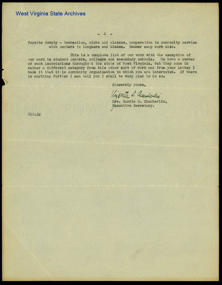 Letter from Mrs. Harrie R. Chamberlain listing the YWCA centers and their work within the state, January 23, 1922 (Ms2012-021)