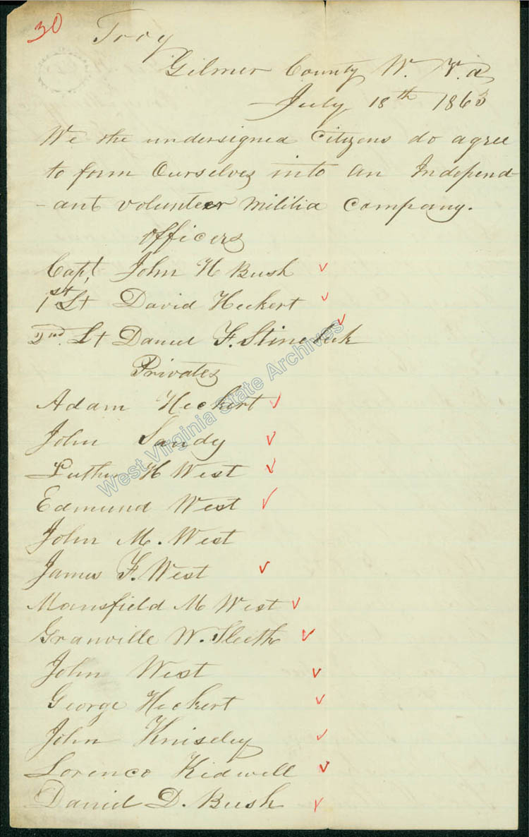 Letter from Philip Cox to Governor Arthur I. Boreman requesting commission of the elected officers of a volunteer militia in Gilmer County, including a list of proposed officers and privates, 1862. (Ar373)