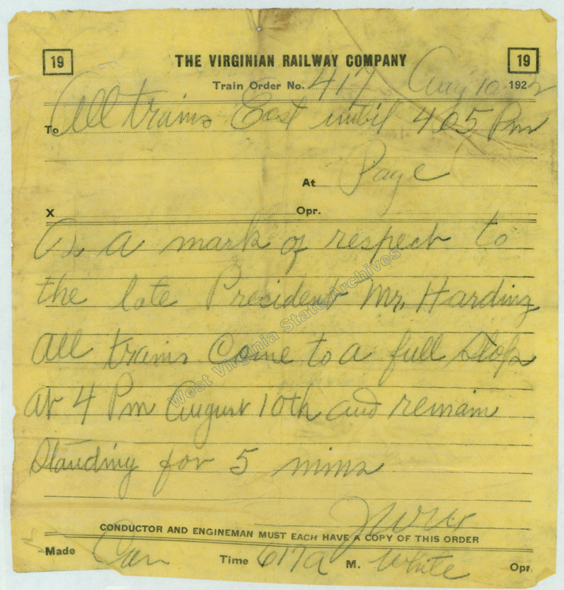 All trains stop order of Virginian Railway Company at death of President Harding, 1923. (Sc82-233)