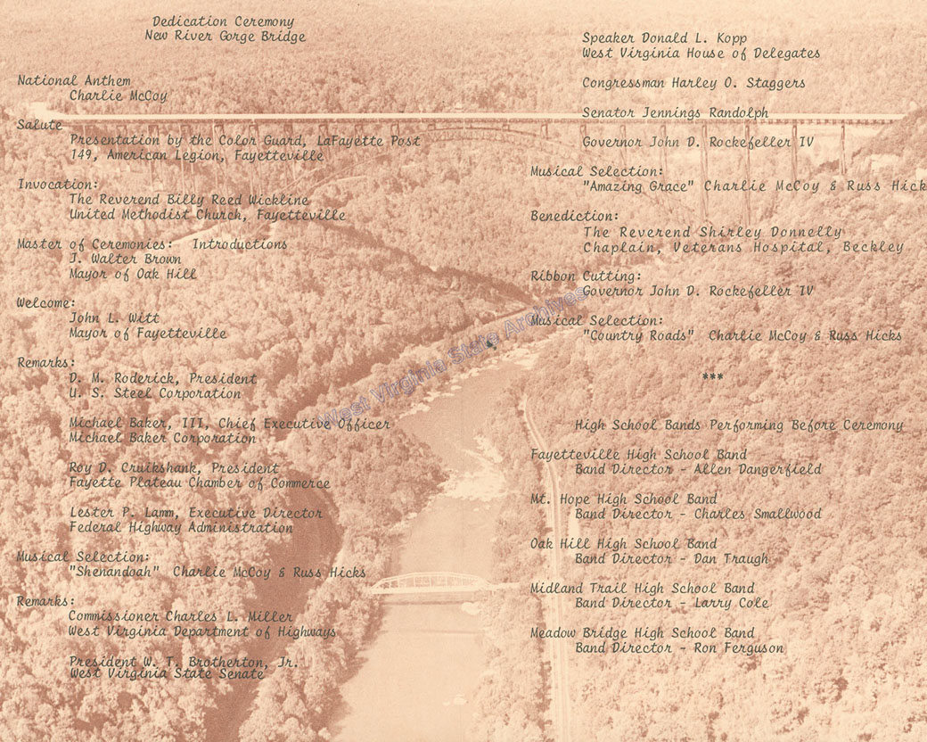 New River Gorge Bridge Dedication schedule, 1977. (Ms2006-016)