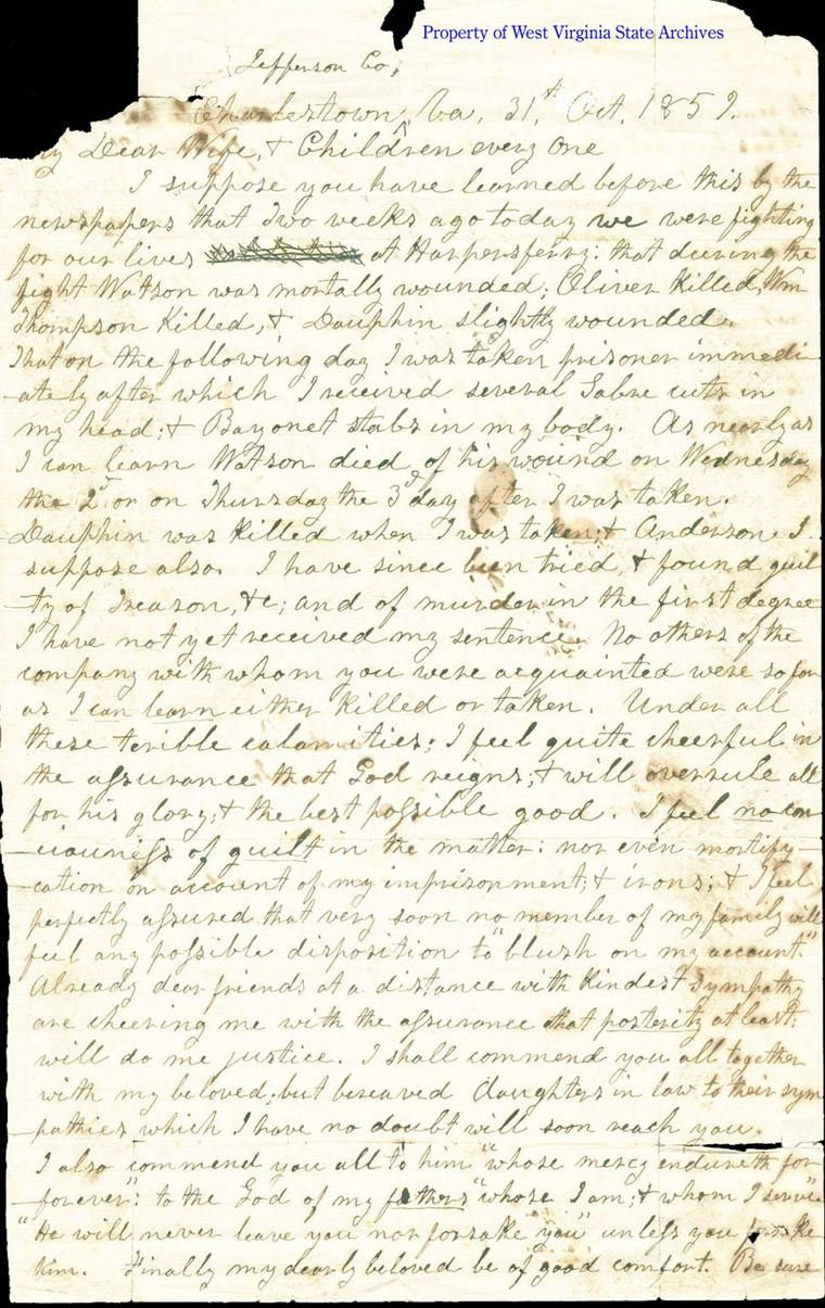 John Brown letter to wife, Mary, written from prison and describing the raid on Harpers Ferry, 1859. (78-1)